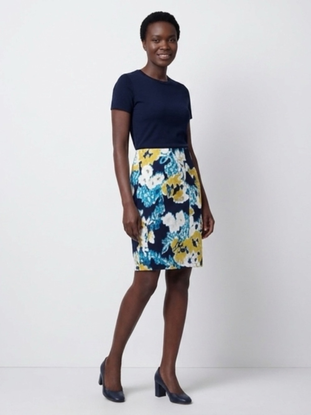 Floral Pencil Skirt in Navy, Yellow & White